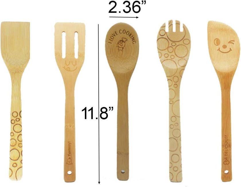 Bamboo Wood Kitchen Cooking Utensil Tools 5 Piece Set of Serving Spork | Cooking Spatula | Tong and Slotted Spatula | Turner for Nonstick Cookware - Image 2