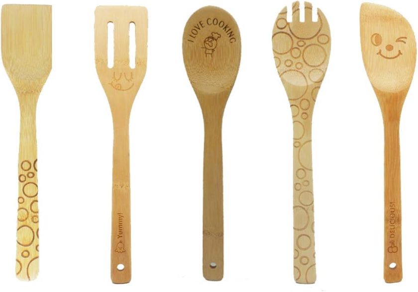 Bamboo Wood Kitchen Cooking Utensil Tools 5 Piece Set of Serving Spork | Cooking Spatula | Tong and Slotted Spatula | Turner for Nonstick Cookware