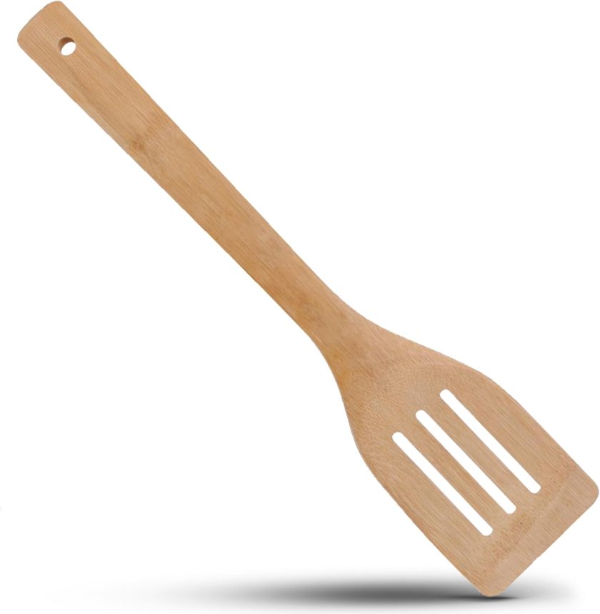 Professional Cookware Bamboo Wood Slotted Spatula 12 Inch - Thin Slotted Spatula Heat Resistant Wood Handle for Cooking, Frying, Grilling & Flipping Fish Meat Eggs - Easy to Clean