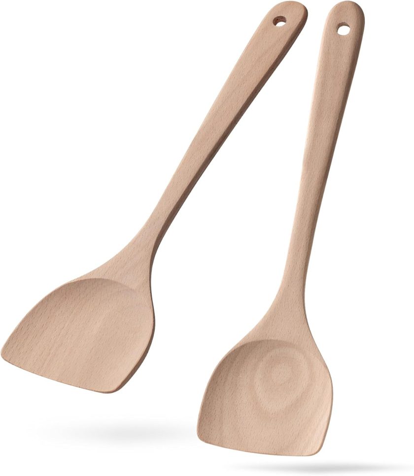 2PCS Wooden Spatulas for Cooking,13.5inch Uncoated Beech Wood Turners for Frying,Non-Scratch Wood Flat Spurtle for Pan & Wok,Wooden Cooking Utensils for Non Stick Cookware,Long Handle Scraper