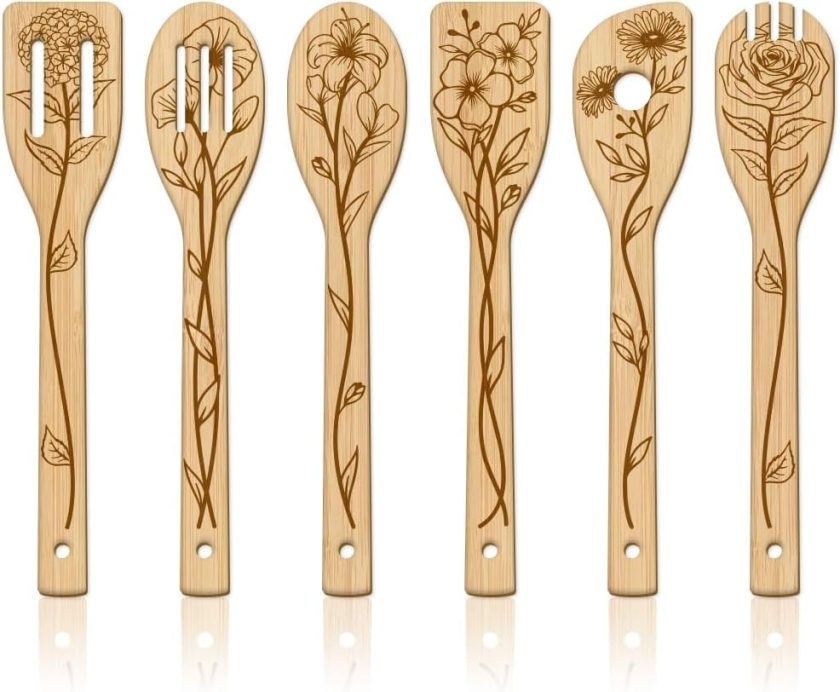 6Pcs Floral Bamboo Cooking Utensils Wooden Engraved Cooking Spoons Set Carving Kitchen Bamboo Spatula Set Wood Cooking Spoon for Kitchen House Warming Gift