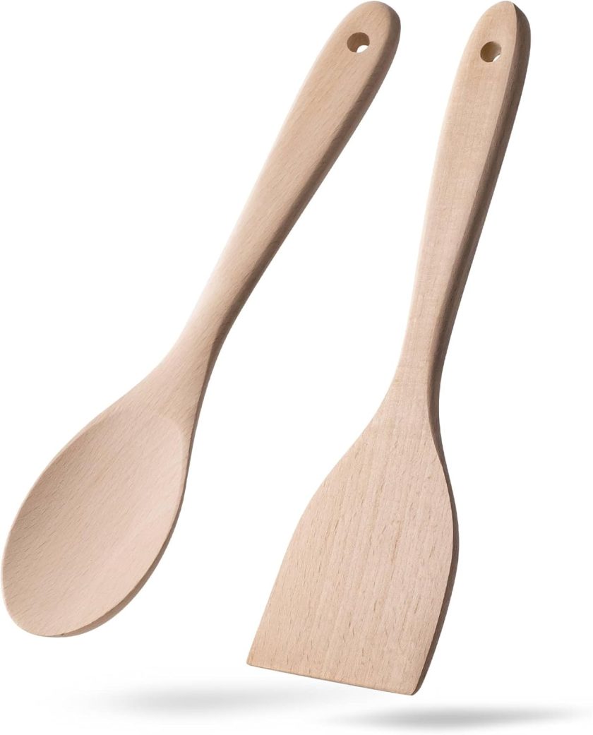 2pcs Wooden Spatula Spoon for Cooking, Thicker 12inch Uncoated Beech Wood Turners for Frying, Non-Scratch Flat Spurtle for Pan & Wok, Cooking Utensils for Non Stick Cookware,Long Handle Scraper