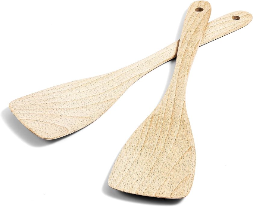 2 Pcs Wooden Spatula Uncoated Beech Wood Turners Non-Scratch Flat Frying Spatula Kitchen Spatulas Utensil Set 13 Inch Handmade Cooking Scraper for Non Stick Cookware Utensils Eggs Fish Pancakes