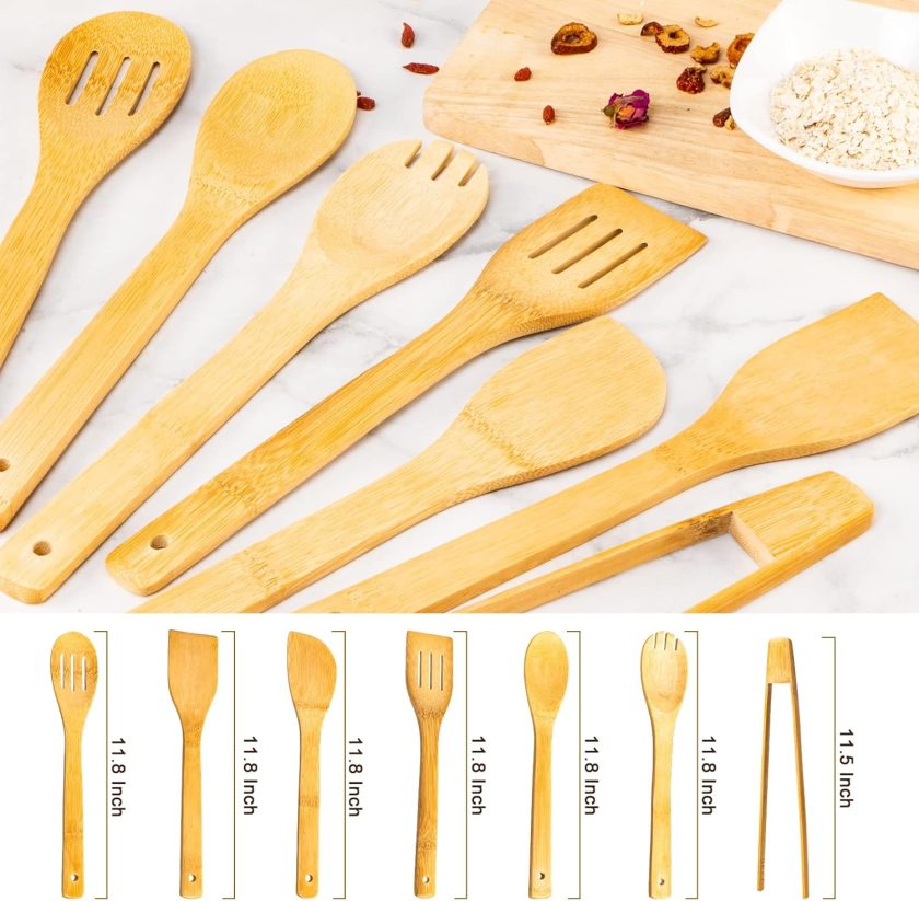 Wooden Spoons for Cooking 7-Piece, Kitchen Nonstick Bamboo Cooking Utensils Set, Healthy Bamboo Wooden Spatula Spoon for Cooking - Image 2