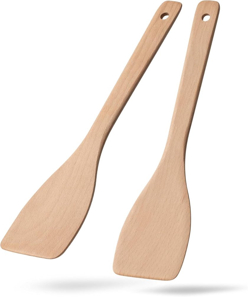 2PCS Wooden Spatulas for Cooking, 13inch Uncoated Beech Wood Turners for Frying, Non-Scratch Wood Flat Spurtle for Pan & Wok, Wooden Cooking Utensils for Non Stick Cookware, Long Handle Scraper