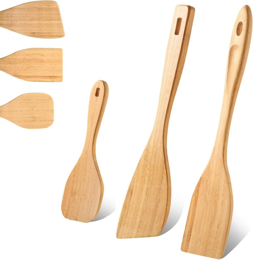 3 Pieces Bamboo Cooking Spatula and Paddle Set Bamboo Turner Wok Spatula Spoon Heat Resistant Kitchen Utensil for Nonstick Cookware, 3 Styles