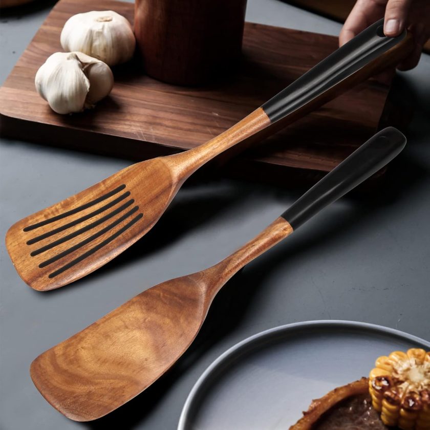 2 Pcs Wooden Spatula Set for Cooking Non Toxic Teak Kitchen Utensils Slotted Pancake Turner Flat Wood Wok Spatulas Bamboo Spoon for Cooking Utensil Set Spurtle Scraper Black Fish Egg Flipper Spatula - Image 2
