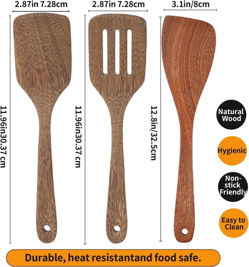3 Pack Wooden Spatula for Cooking 12 Inches Paddle, Turner, Slotted Spatula, Cooking Utensils for Nonstick Cookware, Kitchen for Fish, Eggs, Pancakes - Image 2