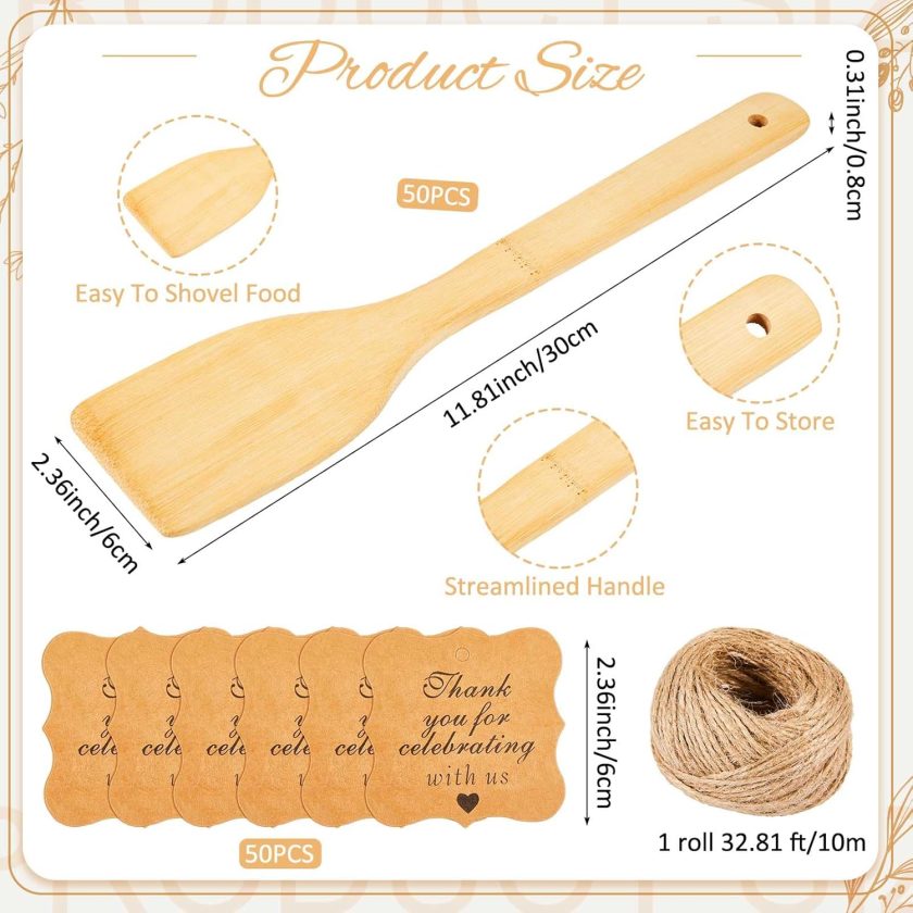 50 Sets Bamboo Spatula Kitchen Utensils - 12 Inch Flat Handle Wok Spatula With Thank You Cards for Cooking, Birthday, Wedding, Baby Shower, Housewarming Party Gift - Image 2