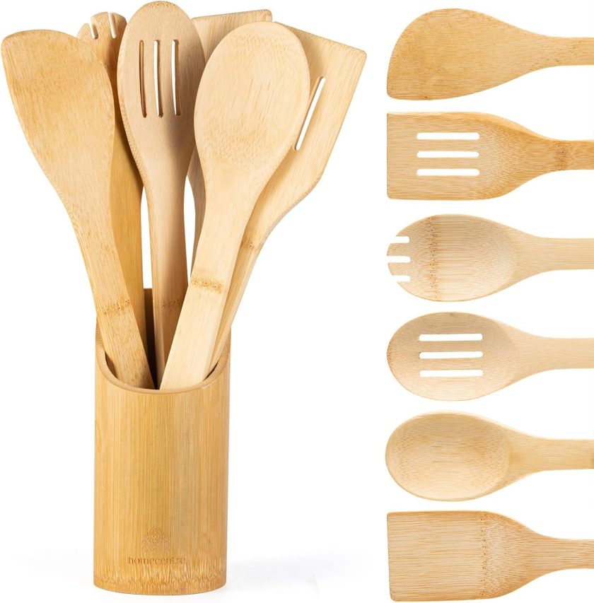 Bamboo Wooden Spoons for Cooking 7 Piece - Bamboo Cooking Utensils Set with Holder Wooden Spoons Spatula for Cooking Nonstick Wood Kitchen Utensil Set (7 Pcs)