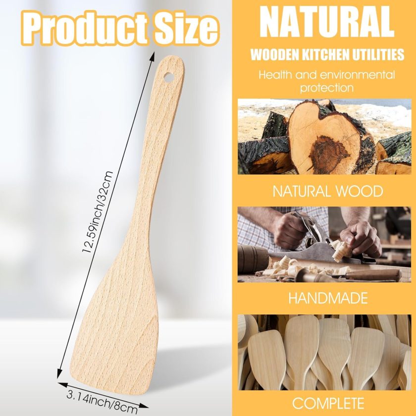 2 Pcs Wooden Spatula Uncoated Beech Wood Turners Non-Scratch Flat Frying Spatula Kitchen Spatulas Utensil Set 13 Inch Handmade Cooking Scraper for Non Stick Cookware Utensils Eggs Fish Pancakes - Image 2