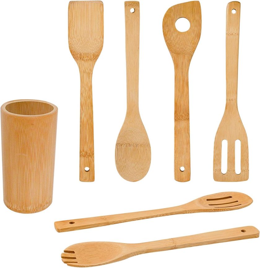 Bamboo Wooden Spoons & Spatulas Set - 6 Pieces Kitchen Cooking Utensils and 1 Holder, Heat Resistant for Non Stick Cookware