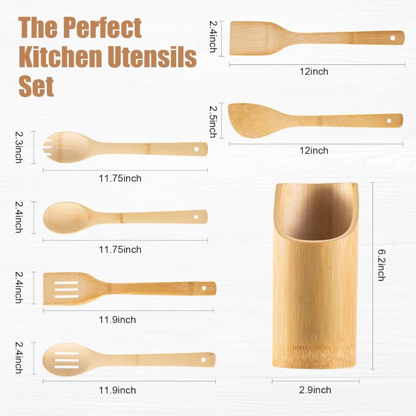 Bamboo Wooden Spoons for Cooking 7 Piece - Bamboo Cooking Utensils Set with Holder Wooden Spoons Spatula for Cooking Nonstick Wood Kitchen Utensil Set (7 Pcs) - Image 2