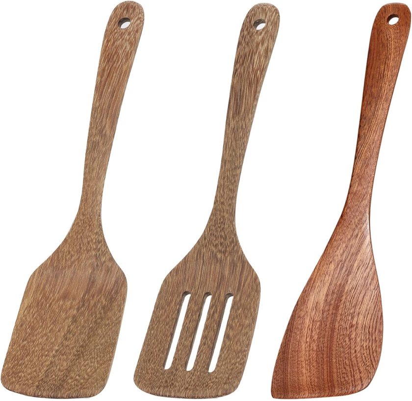 3 Pack Wooden Spatula for Cooking 12 Inches Paddle, Turner, Slotted Spatula, Cooking Utensils for Nonstick Cookware, Kitchen for Fish, Eggs, Pancakes