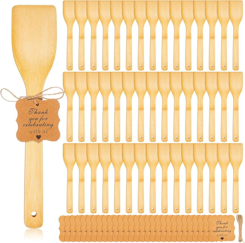 50 Sets Bamboo Spatula Kitchen Utensils - 12 Inch Flat Handle Wok Spatula With Thank You Cards for Cooking, Birthday, Wedding, Baby Shower, Housewarming Party Gift