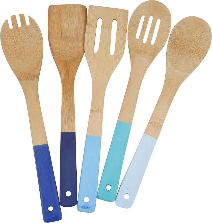 5 Piece Bamboo Kitchen Utensil Set - Includes Spoon, Slotted Spoon, Spork, Spatula and Solid Turner - Assorted Blue