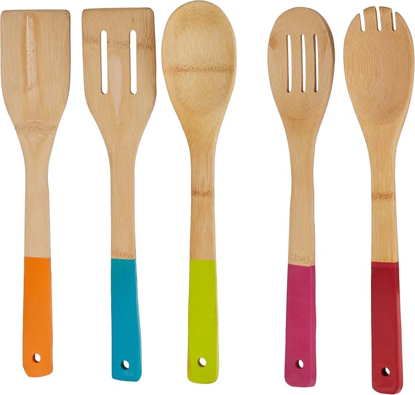 5 Piece Bamboo Kitchen Utensil Set - Includes Spoon, Slotted Spoon, Spork, Spatula and Solid Turner - Farmer's Plaid - Image 2