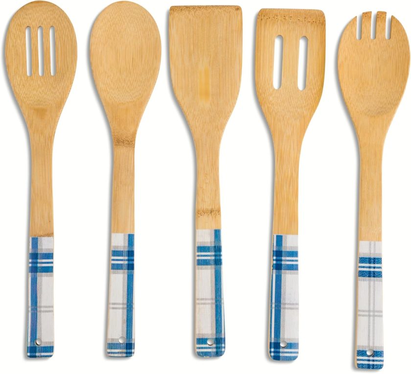 5 Piece Bamboo Kitchen Utensil Set - Includes Spoon, Slotted Spoon, Spork, Spatula and Solid Turner - Farmer's Plaid